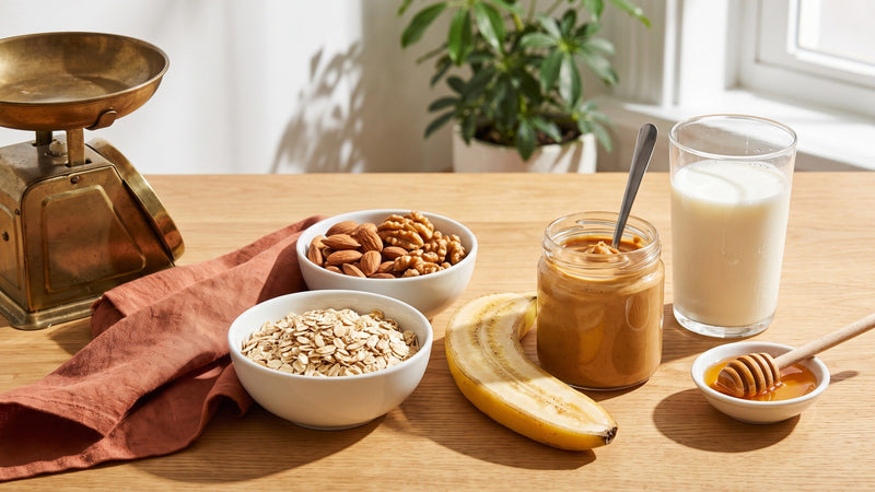 Abgemessene Portionen Haferflocken, Nüsse, Banane, Erdnussbutter, Milch und Honig neben einer Küchenwaage – Kalorienbedarf berechnen
