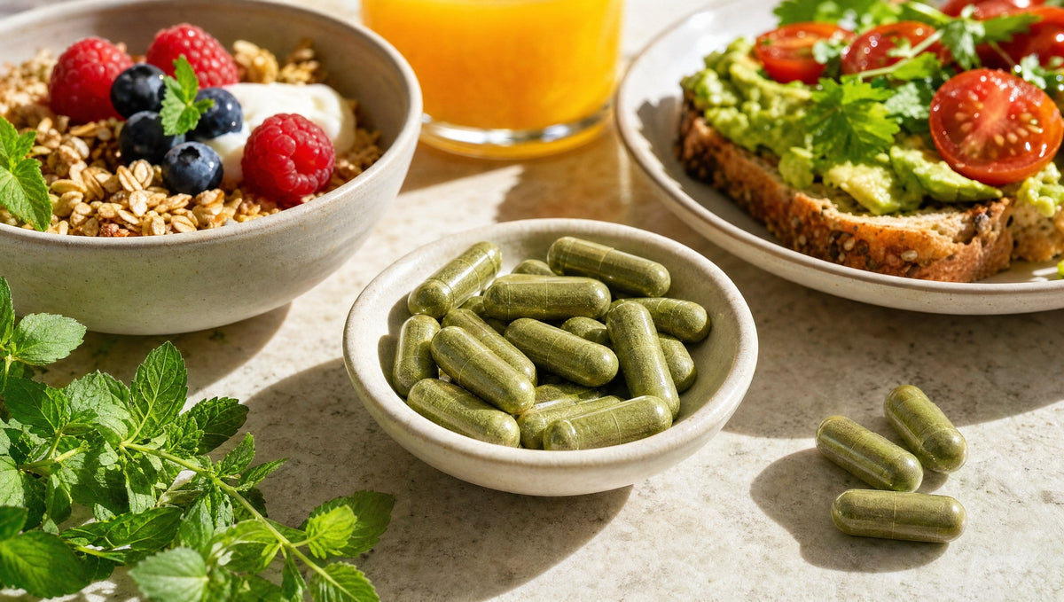 Pflanzliche Kapseln in einer Schale vor einem bunten Frühstück mit Müsli, Avocado-Brot und Orangensaft