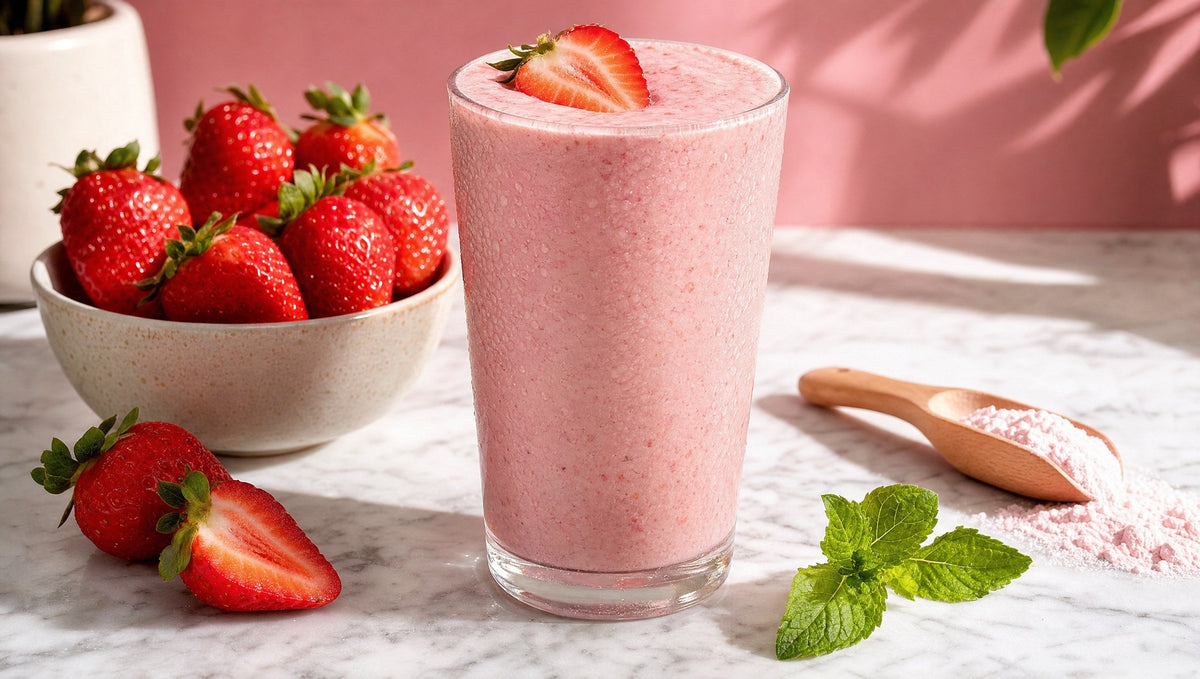 Erdbeer-Shake im Glas mit frischen Erdbeeren und einem Löffel Shake-Pulver