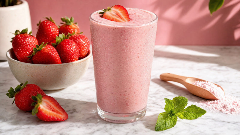 Erdbeer-Shake im Glas mit frischen Erdbeeren und einem Löffel Shake-Pulver