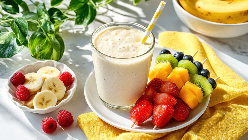 Vanille-Bananen-Shake im Glas mit bunten Obstspießen, Bananenscheiben und Himbeeren