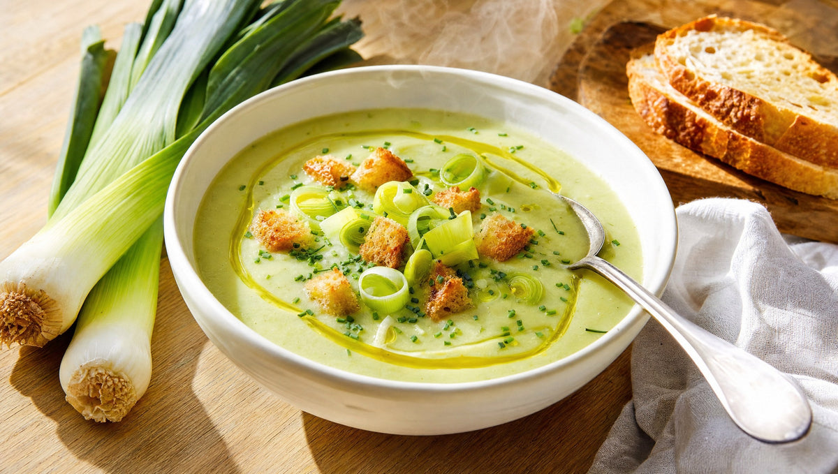 Lauchcremesuppe mit Lauchringen, Croutons und Schnittlauch, daneben frischer Lauch und Brot