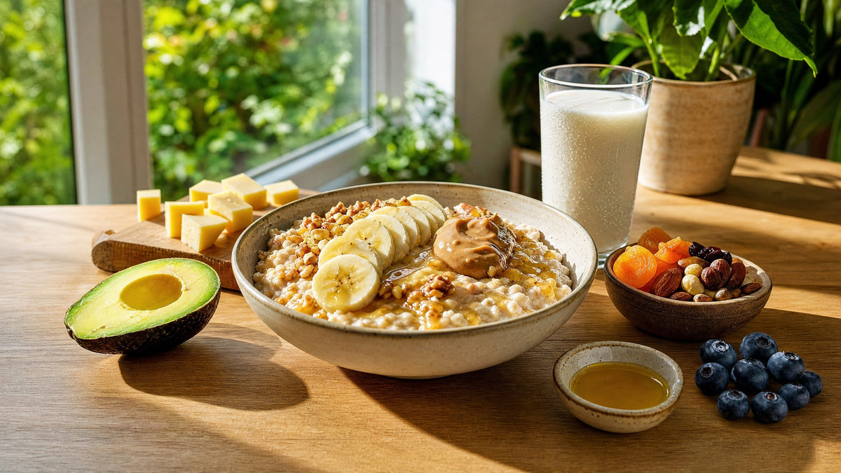 Frühstück mit Haferbrei, Banane, Nüssen und Erdnussmus, dazu Avocado, Käse, Trockenobst und ein Glas Vollmilch