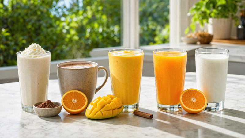 Fünf Getränke nebeneinander: Vanille-Milchshake mit Sahne, heißer Kakao, Mango-Lassi, Orangensaft und Vollmilch