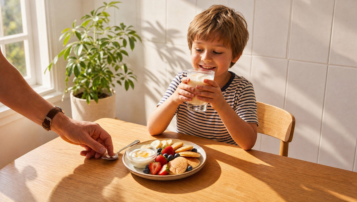 Lachender Junge trinkt am sonnigen Küchentisch einen Vanille-Shake, davor ein Teller mit Mini-Pancakes und Obst