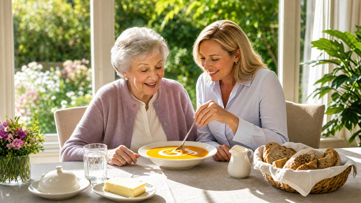 Tochter rührt Sahne in die Kürbissuppe ihrer älteren Mutter am sonnigen Esstisch, daneben Sahnekännchen, Butter und Brot