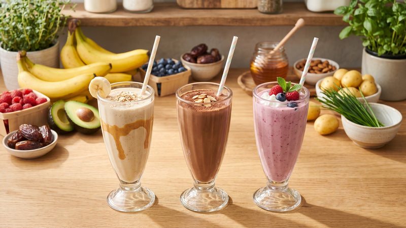 Drei selbstgemachte Shakes in Kelchgläsern – Banane-Hafer-Erdnuss, Schoko-Avocado und Beeren-Quark mit Sahne und Beeren – vor Bananen, Avocados, Himbeeren, Heidelbeeren, Datteln, Mandeln, Honig, Kartoffeln und Schnittlauch