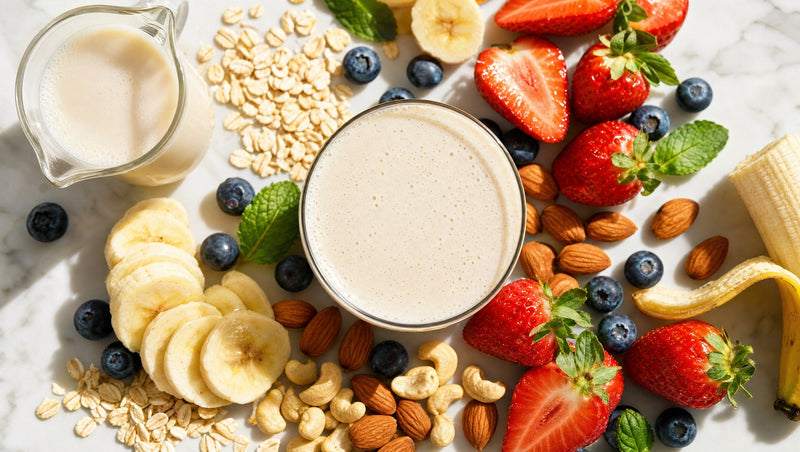 Veganer Vanille-Bananen-Shake von oben mit Haferflocken, Nüssen, Bananen und Beeren