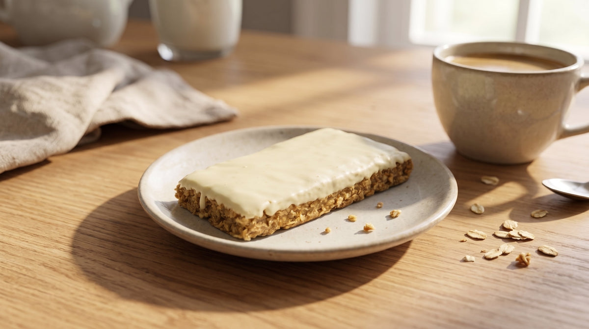 CaloCake Haferriegel mit cremeweißer Glasur auf einem hellen Teller, daneben eine Tasse Kaffee und Haferflocken auf einem Holztisch im Morgenlicht