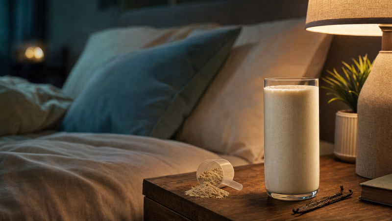 Glas mit Vanille-Nacht-Shake und Messlöffel Pulver auf einem Nachttisch neben Bett und warmer Leselampe