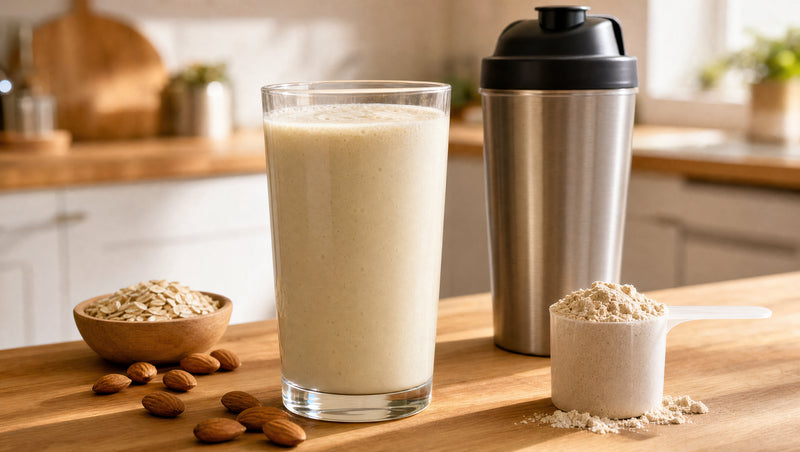 Glas mit cremigem Kalorienshake neben Shaker, Messlöffel mit Pulver, Haferflocken und Mandeln
