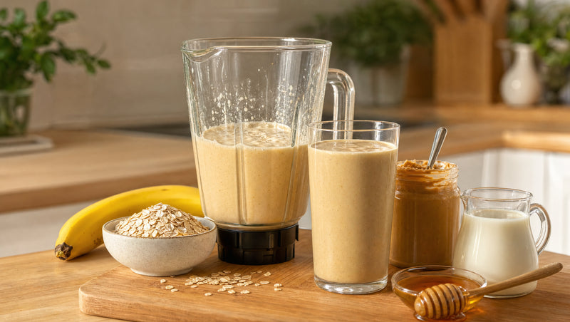 Selbstgemachte hochkalorische Trinknahrung: Mixer mit Bananen-Hafer-Shake, Glas mit cremigem Shake, Banane, Haferflocken, Erdnussmus, Vollmilch und Honig auf einer hellen Holzarbeitsplatte
