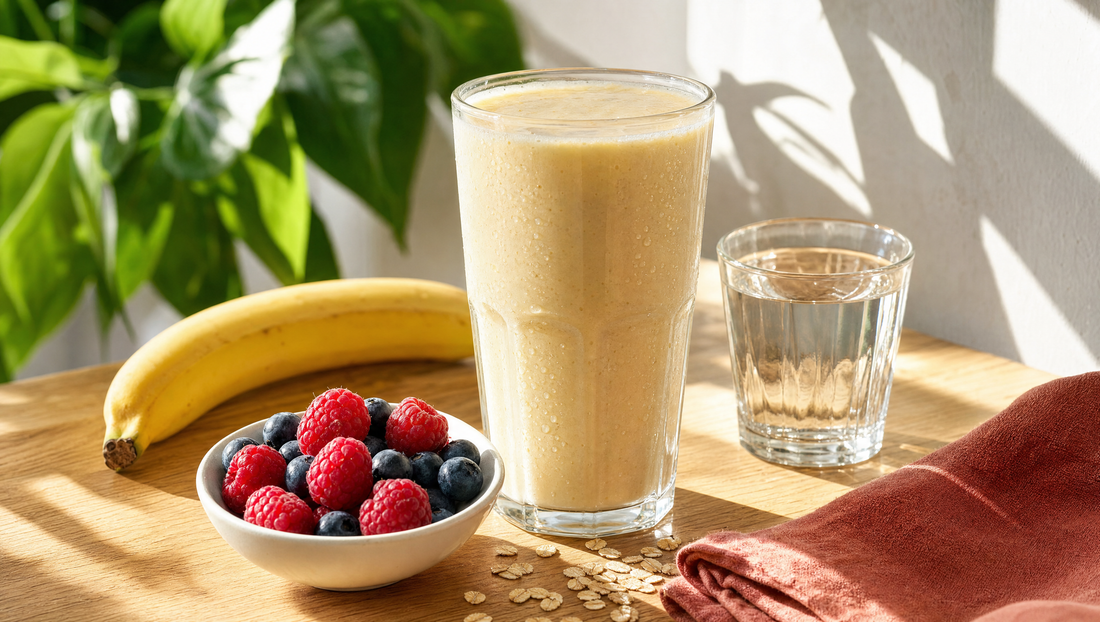 Glas mit cremigem Vanille-Kalorienshake neben einem Glas Wasser, einer Banane und einer Schale frischer Himbeeren und Blaubeeren auf einem Holztisch im Sonnenlicht