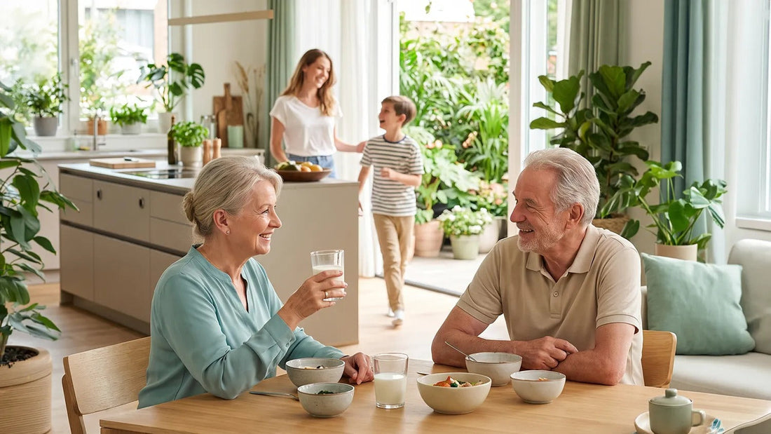 Älteres Ehepaar am Esstisch mit einem Glas hochkalorischer Trinknahrung, im Hintergrund die Familie in der Küche