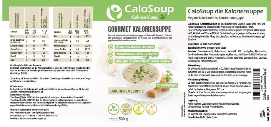 CaloSoup I Hochkalorische nährstoffreiche Gourmet Suppe für Gewichtszunahme I 20 Portionen Kalorien Suppe