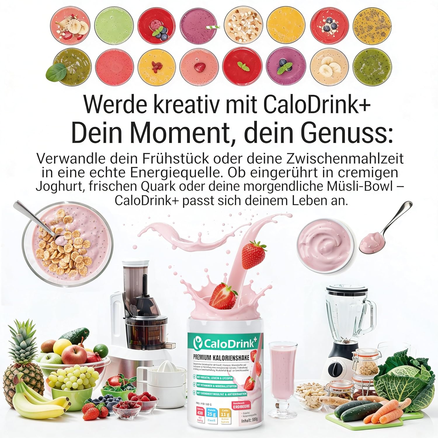 Weight Gain+ High-Calorie Drink for Weight Gain | Weight Gainer Shake 4.4 kcal/g for Weight Gain | Protein, Creatine & Vitamins | Strawberry Protein Powder 500g | Made in Germany | Gluten-Free 