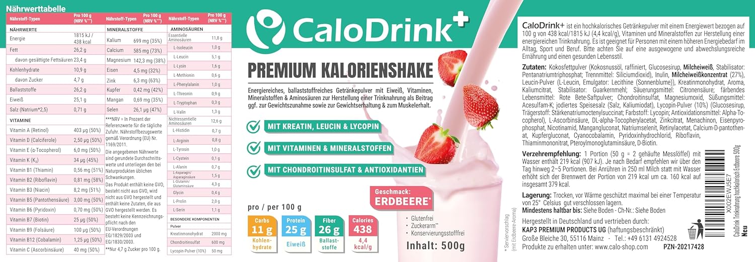 Weight Gain+ High-Calorie Drink for Weight Gain | Weight Gainer Shake 4.4 kcal/g for Weight Gain | Protein, Creatine & Vitamins | Strawberry Protein Powder 500g | Made in Germany | Gluten-Free 