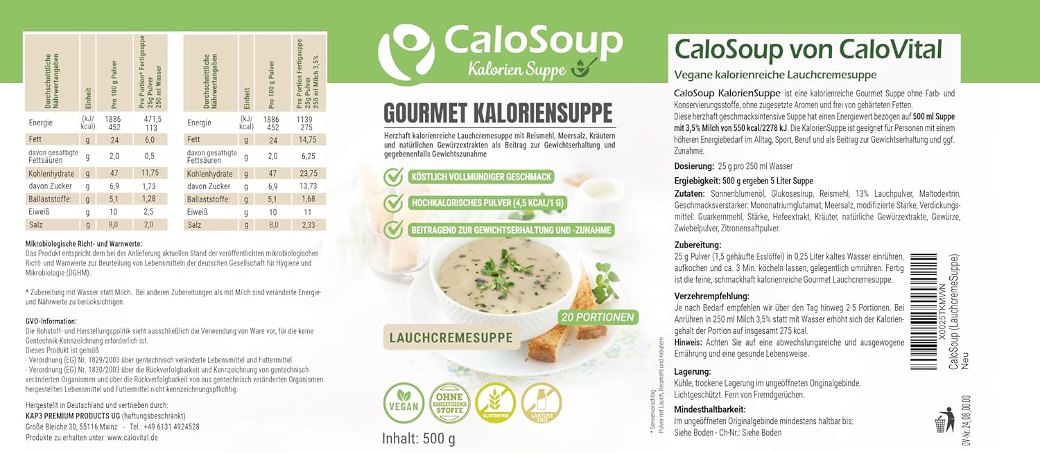 CaloSoup I Hochkalorische nährstoffreiche Gourmet Suppe für Gewichtszunahme I 20 Portionen Kalorien Suppe
