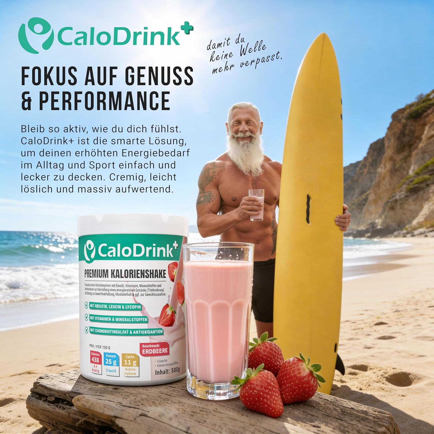 Weight Gain+ High-Calorie Drink for Weight Gain | Weight Gainer Shake 4.4 kcal/g for Weight Gain | Protein, Creatine & Vitamins | Strawberry Protein Powder 500g | Made in Germany | Gluten-Free 