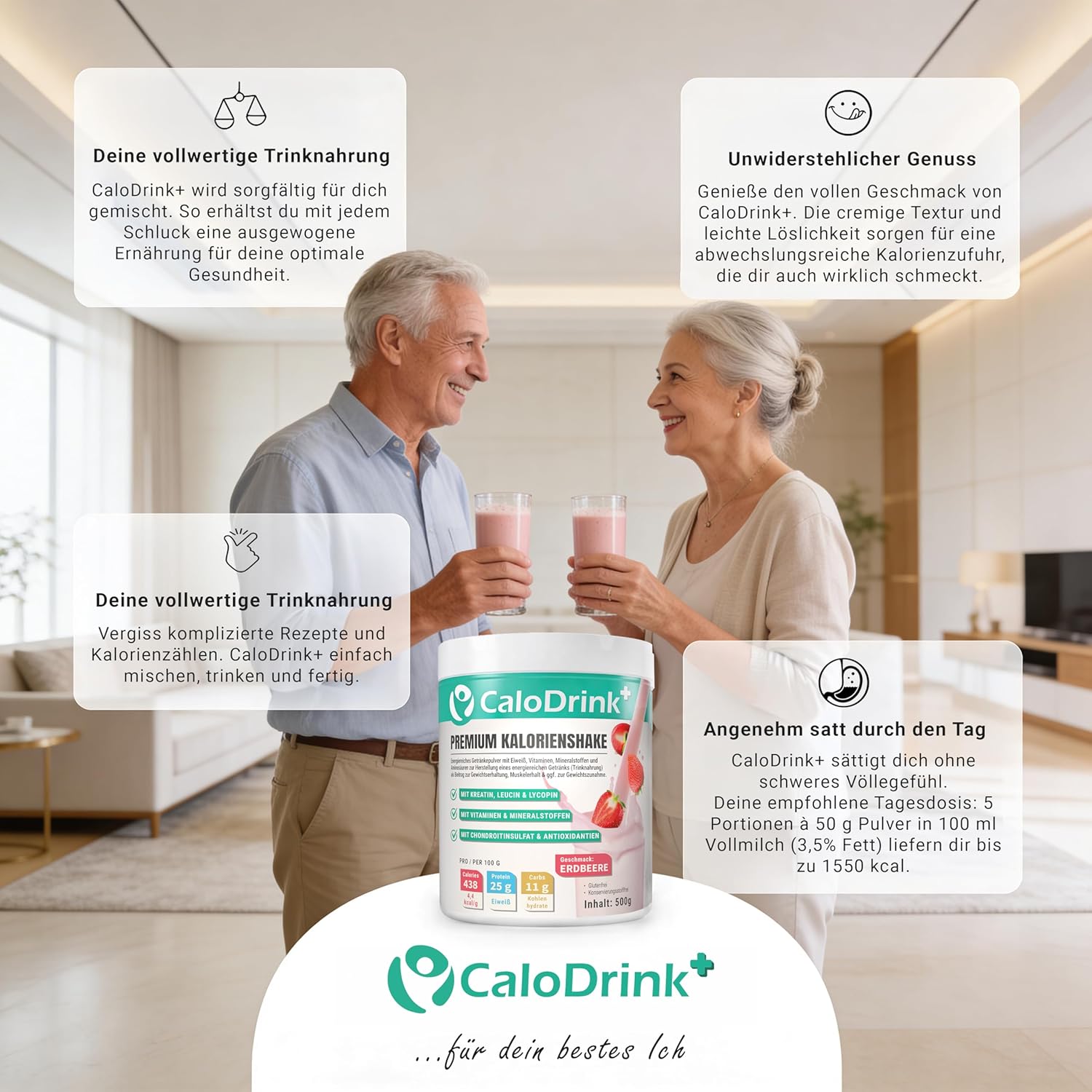 Weight Gain+ High-Calorie Drink for Weight Gain | Weight Gainer Shake 4.4 kcal/g for Weight Gain | Protein, Creatine & Vitamins | Strawberry Protein Powder 500g | Made in Germany | Gluten-Free 