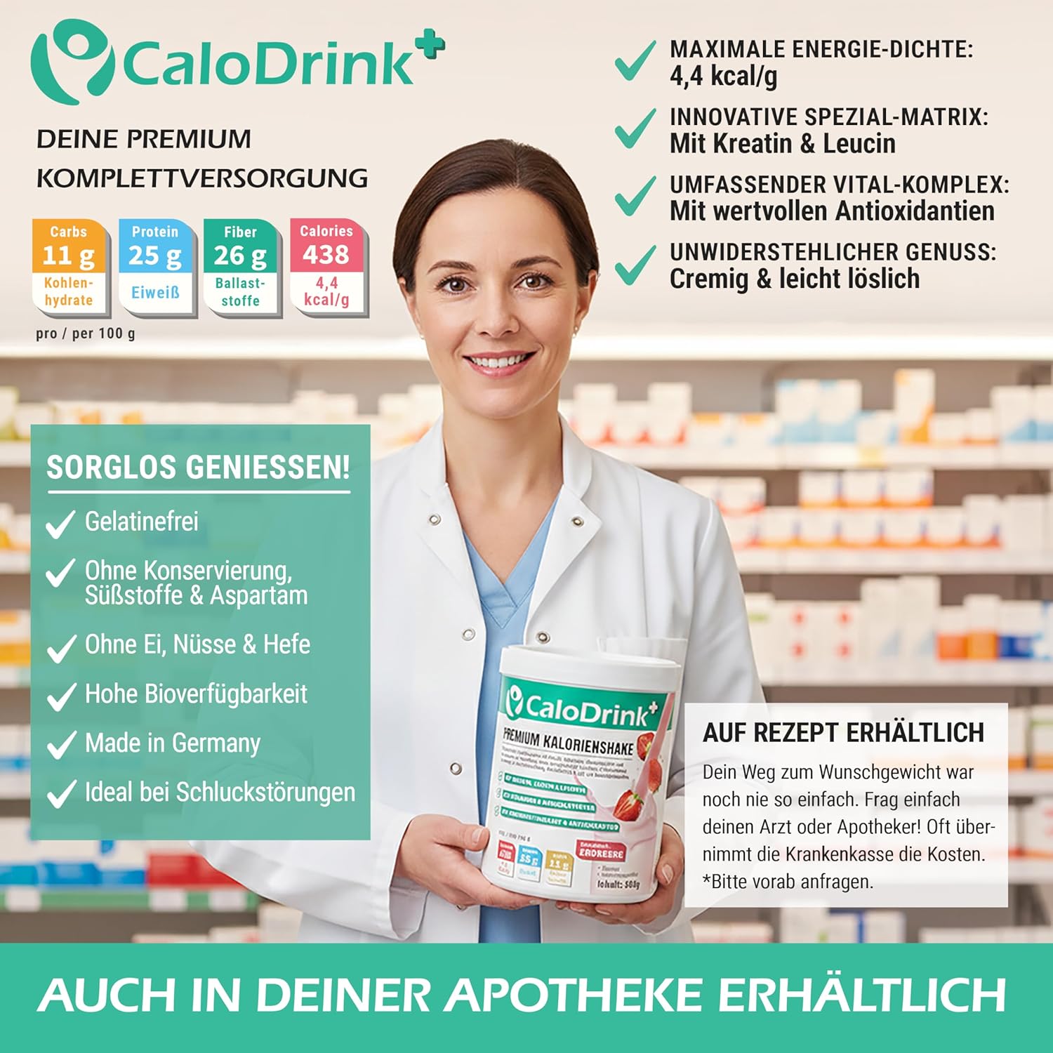 Weight Gain+ High-Calorie Drink for Weight Gain | Weight Gainer Shake 4.4 kcal/g for Weight Gain | Protein, Creatine & Vitamins | Strawberry Protein Powder 500g | Made in Germany | Gluten-Free 