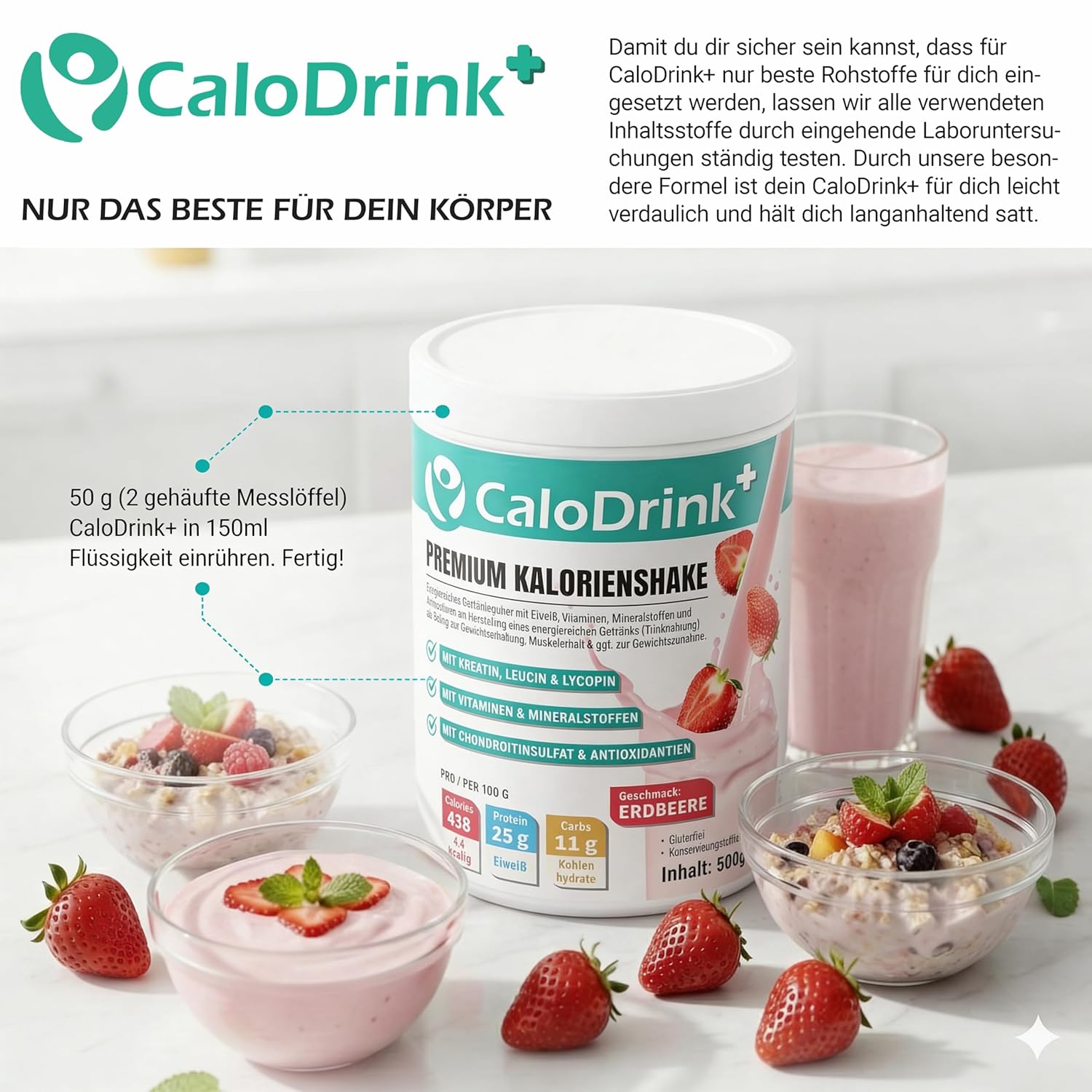 Weight Gain+ High-Calorie Drink for Weight Gain | Weight Gainer Shake 4.4 kcal/g for Weight Gain | Protein, Creatine & Vitamins | Strawberry Protein Powder 500g | Made in Germany | Gluten-Free 