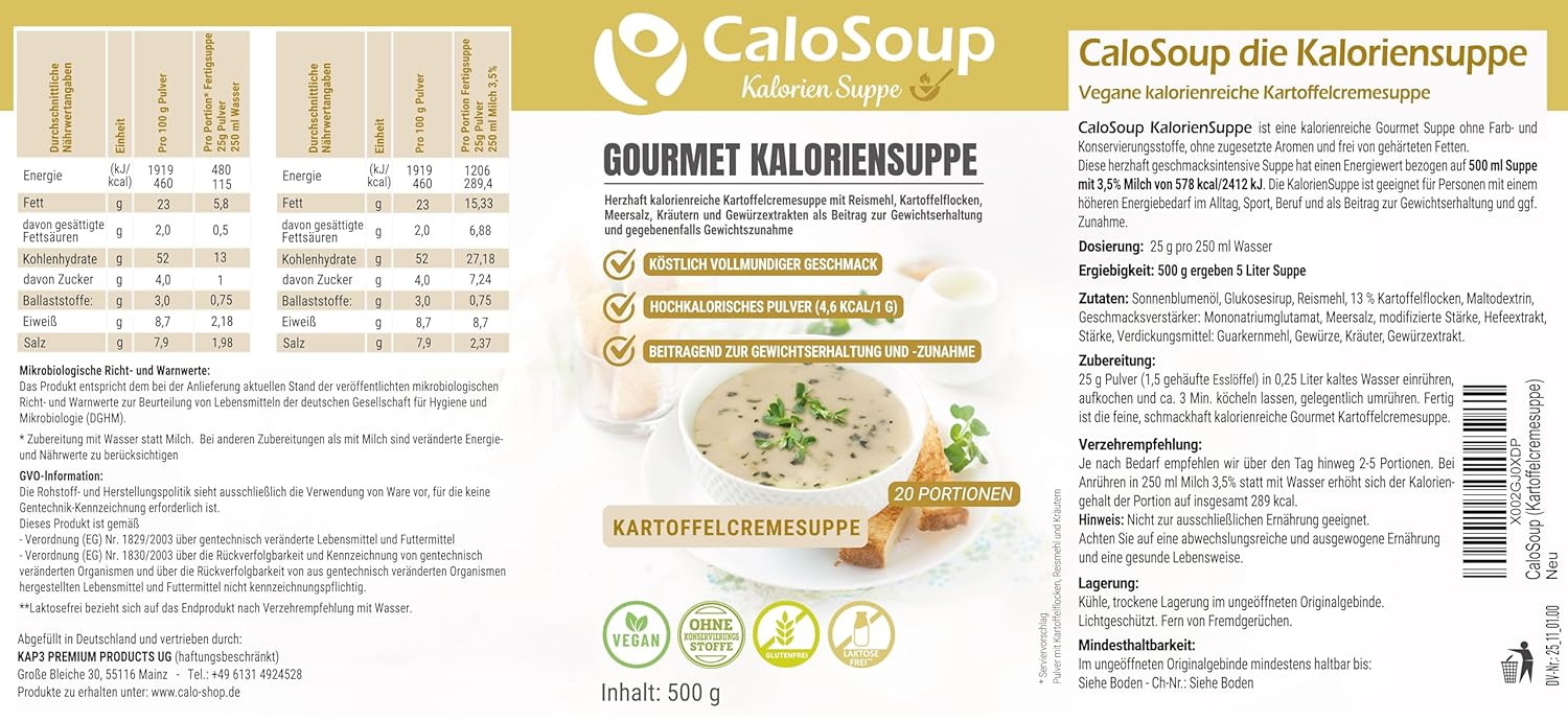 CaloSoup I Hochkalorische nährstoffreiche Gourmet Suppe für Gewichtszunahme I 20 Portionen Kalorien Suppe
