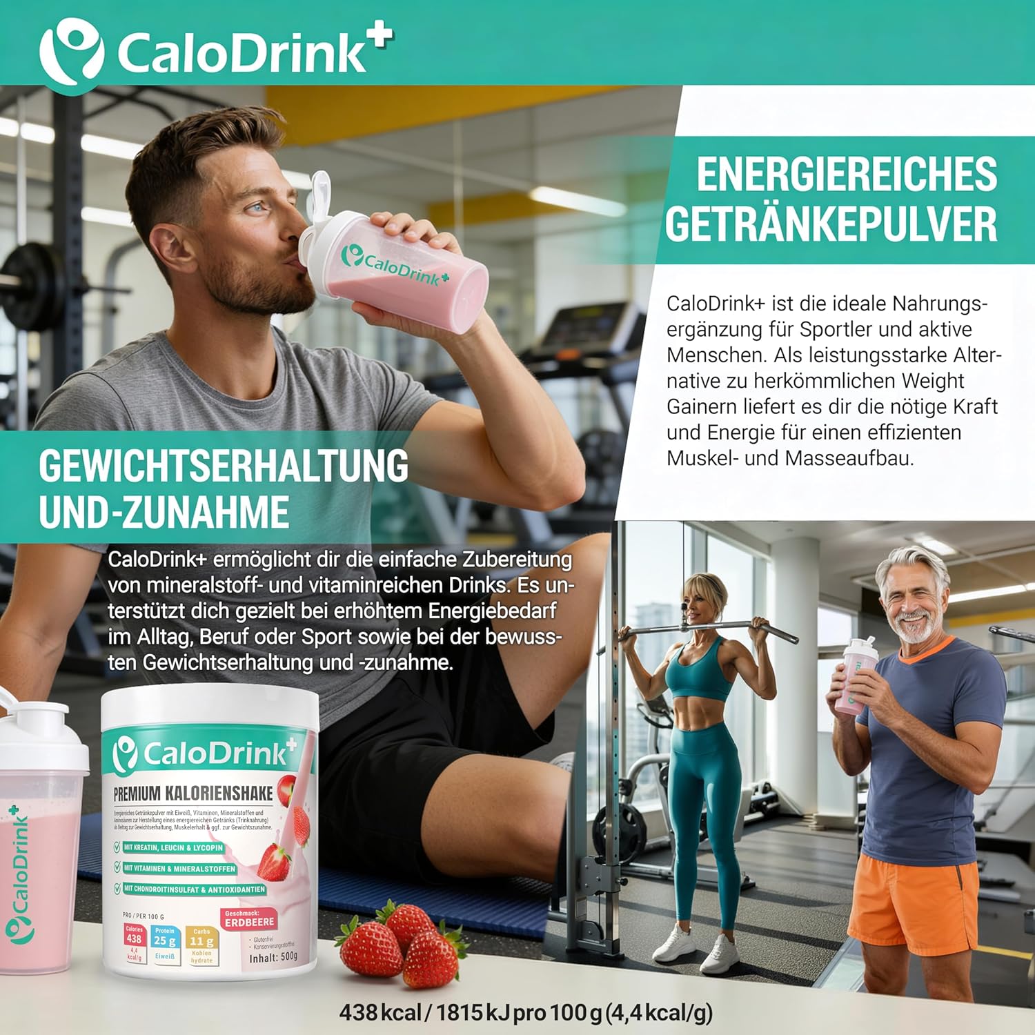 Weight Gain+ High-Calorie Drink for Weight Gain | Weight Gainer Shake 4.4 kcal/g for Weight Gain | Protein, Creatine & Vitamins | Strawberry Protein Powder 500g | Made in Germany | Gluten-Free 