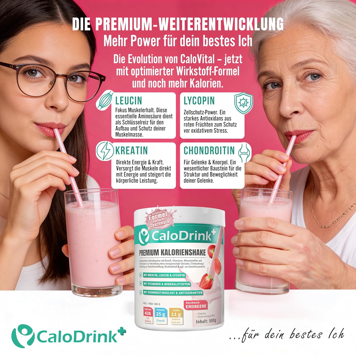 Weight Gain+ High-Calorie Drink for Weight Gain | Weight Gainer Shake 4.4 kcal/g for Weight Gain | Protein, Creatine & Vitamins | Strawberry Protein Powder 500g | Made in Germany | Gluten-Free 