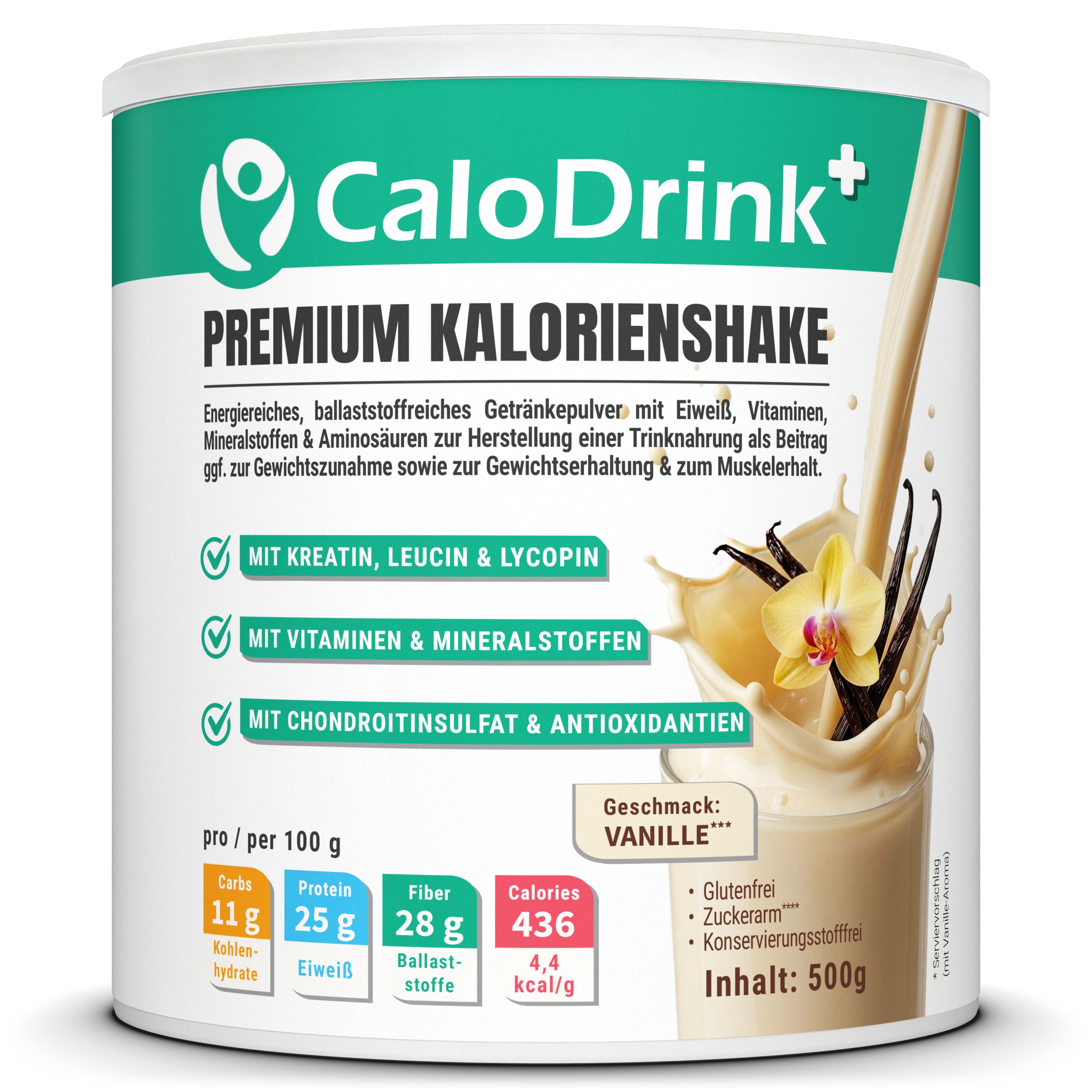 CaloDrink+ Vanille Premium Kalorienshake, 500-g-Dose mit Vanilleblüte, Vorderansicht