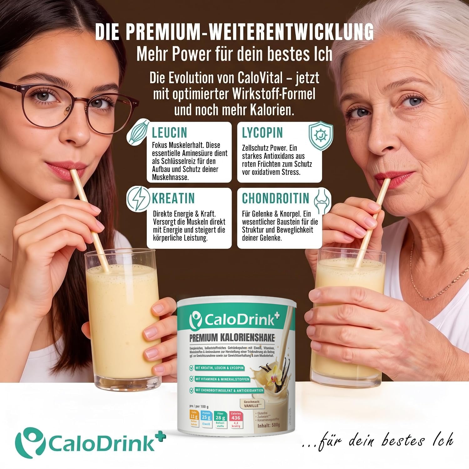 Zwei Frauen trinken CaloDrink+ Vanille Shake, Dose in der Mitte, Infotafel zu Leucin, Kreatin, Lycopin und Chondroitin