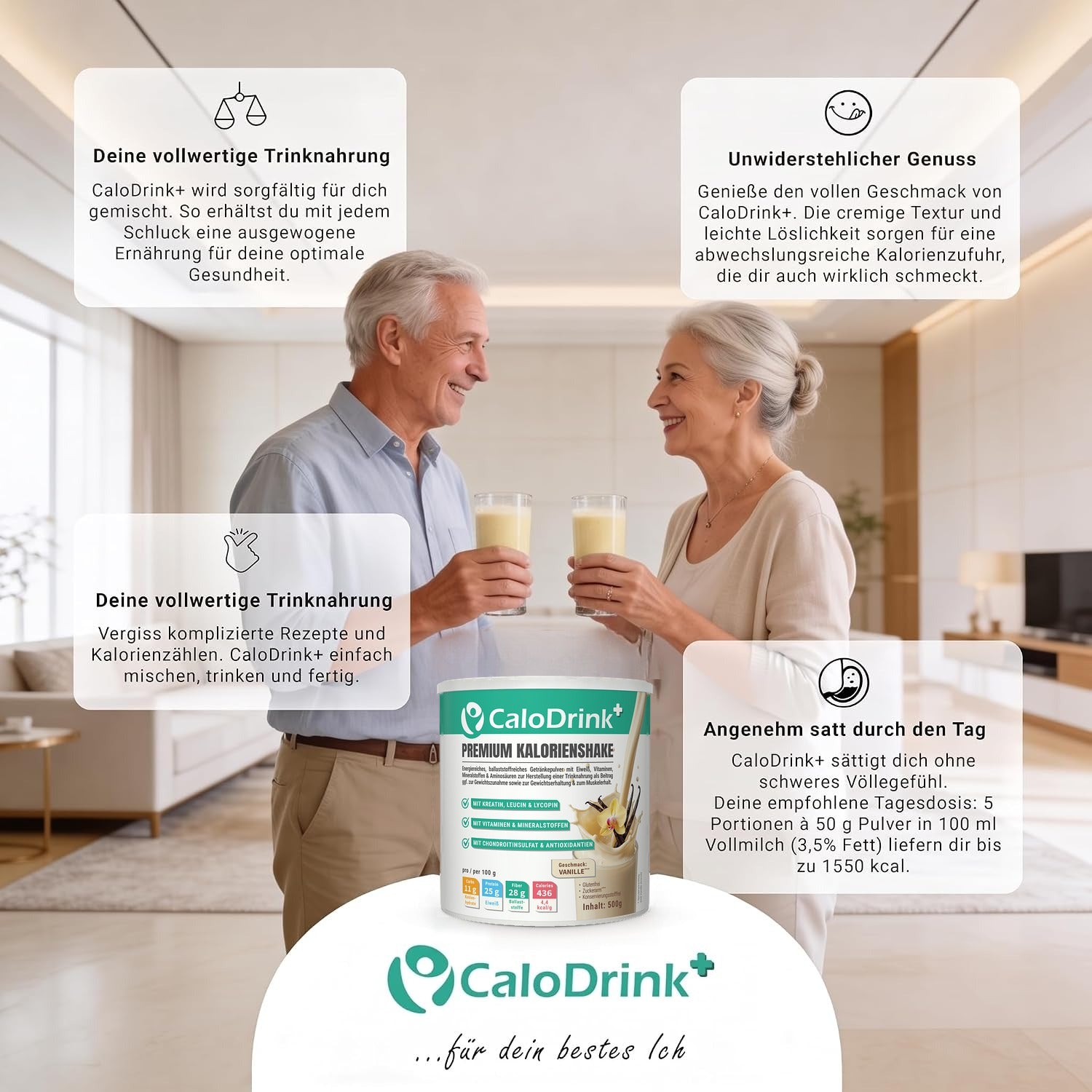 Älteres Paar mit zwei Gläsern CaloDrink+ Vanille Shake in der Küche, Hinweistafeln zu Zubereitung und Portionen
