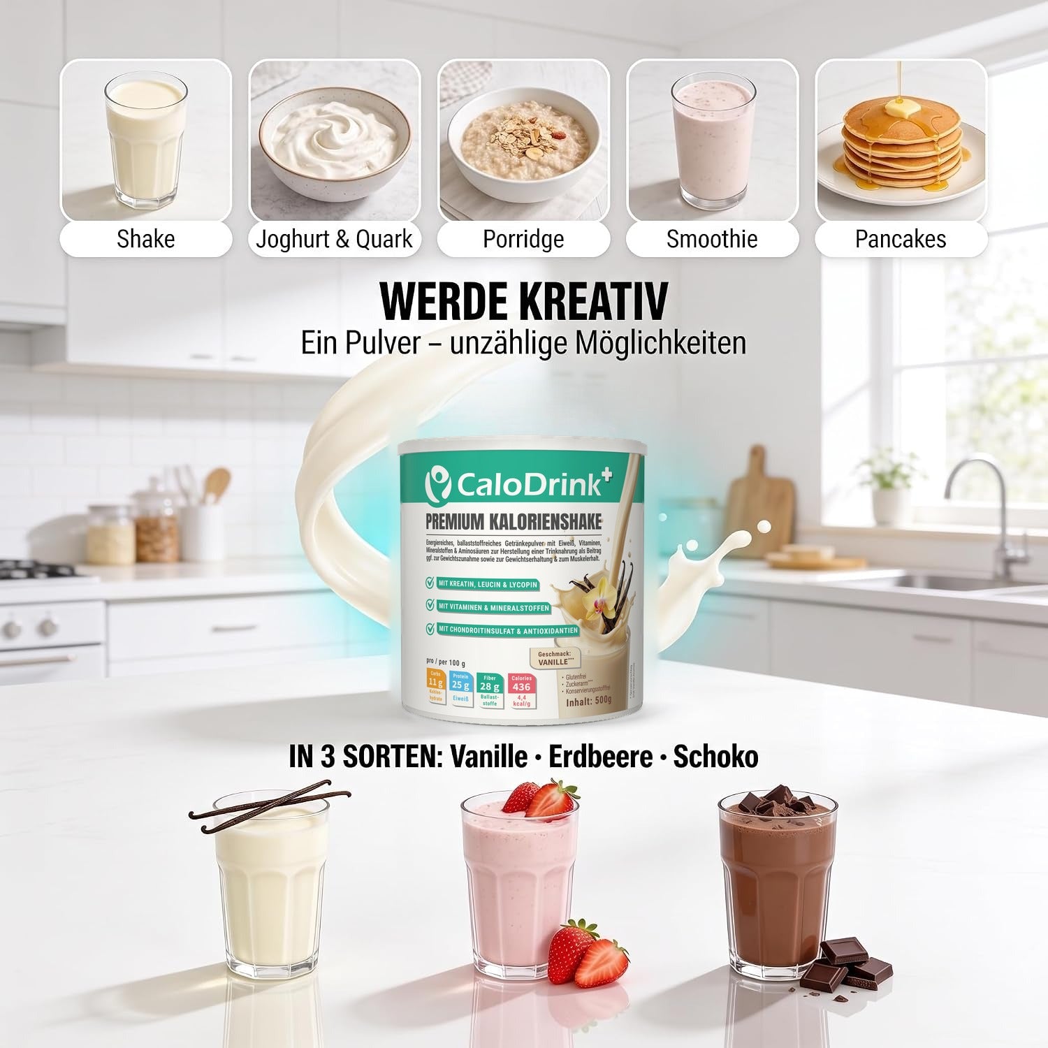 CaloDrink+ Vanille Dose mit Milchsplash, Verwendungsideen: Shake, Joghurt und Quark, Porridge, Smoothie, Pancakes