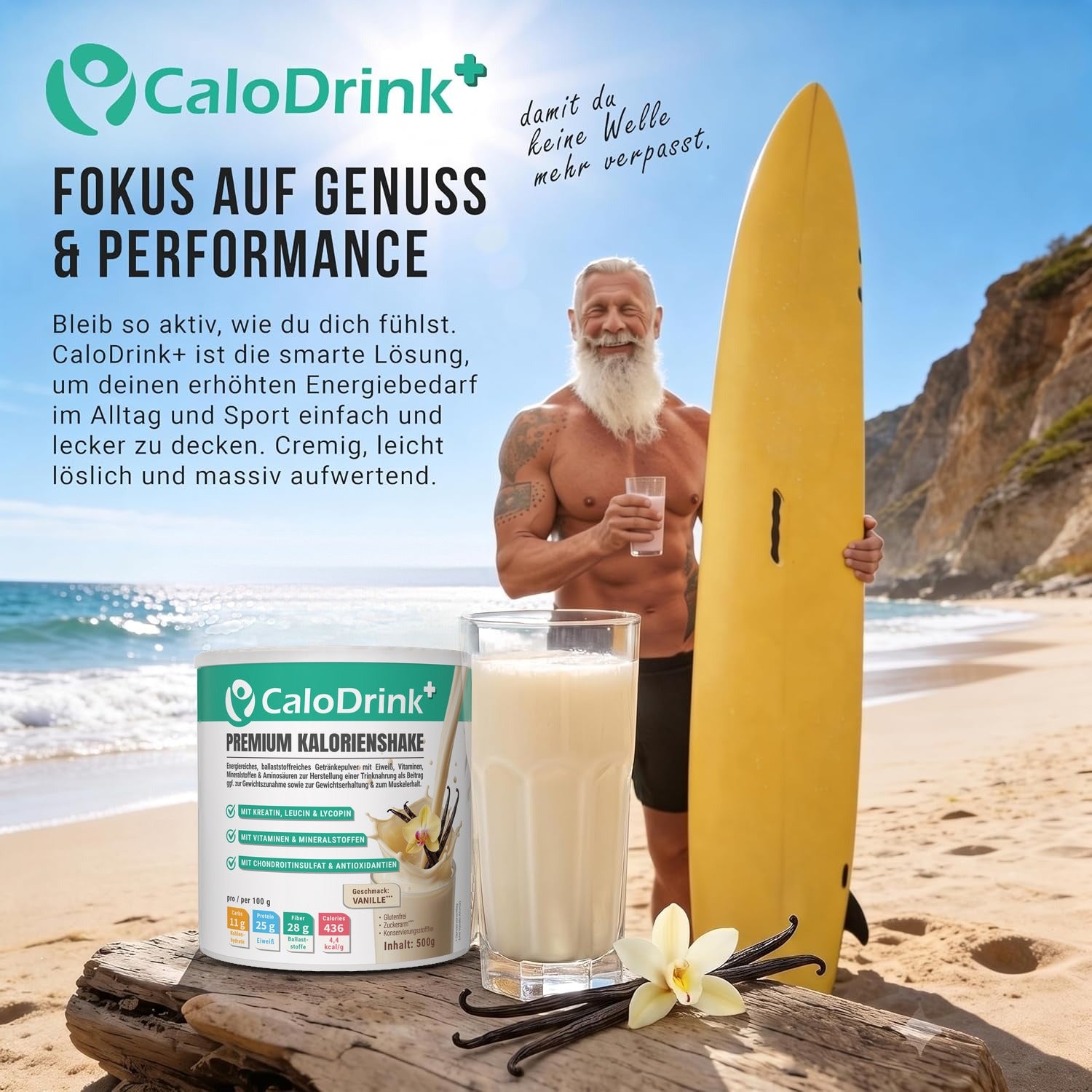 Älterer Mann mit Surfbrett am Strand neben CaloDrink+ Vanille Dose und einem Glas Vanilleshake