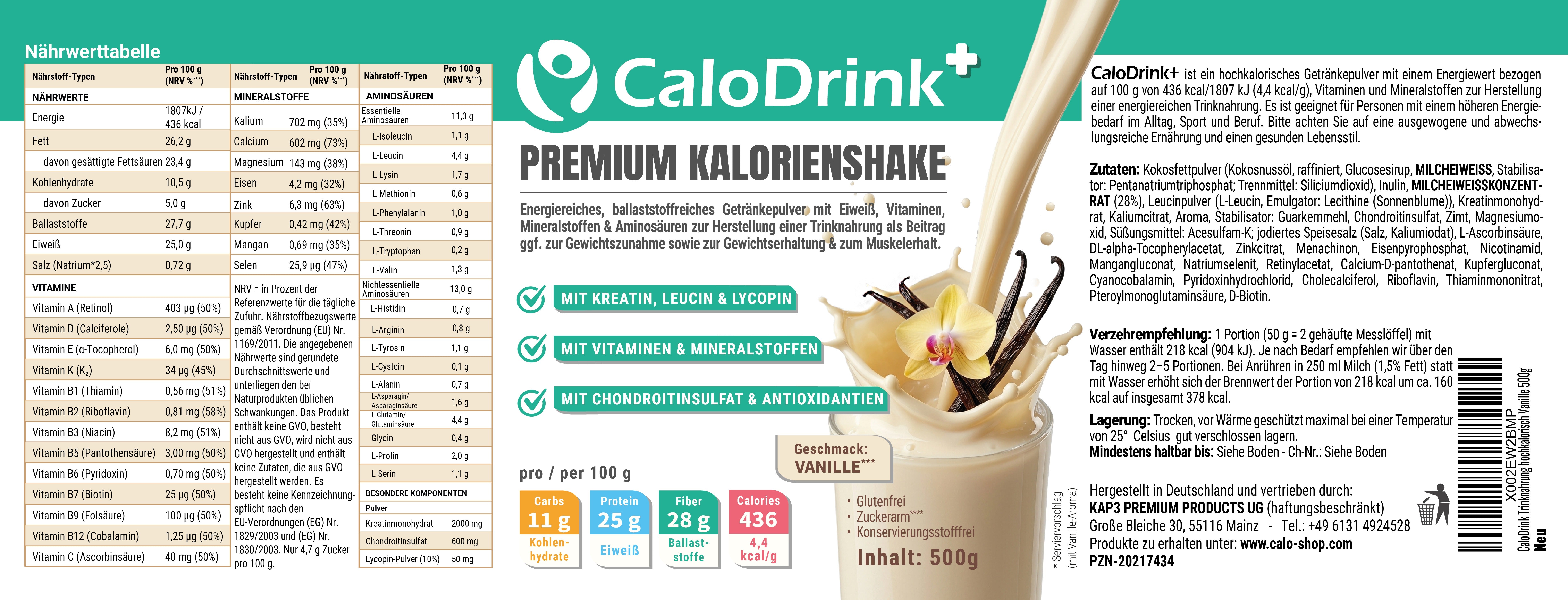 Etikett CaloDrink+ Vanille 500 g mit Nährwerttabelle, Zutatenliste, Verzehrempfehlung und PZN 20217434