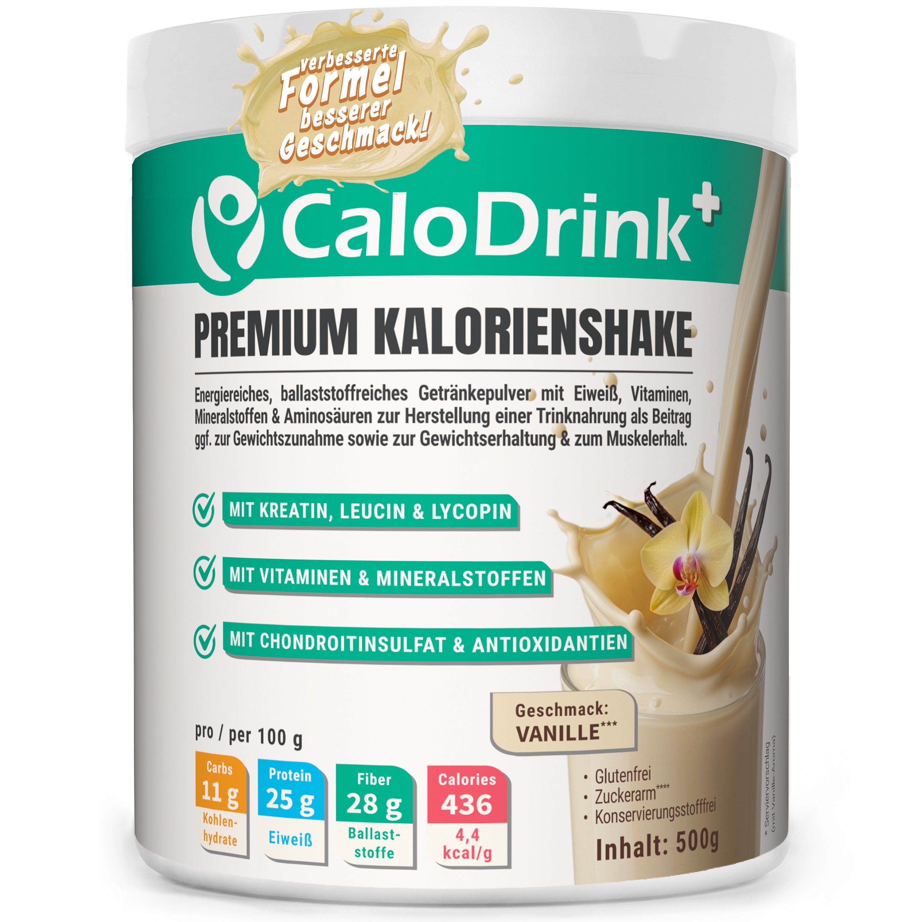 CaloDrink+ Vanille Premium Kalorienshake, 500-g-Dose mit Vanilleblüte, Vorderansicht