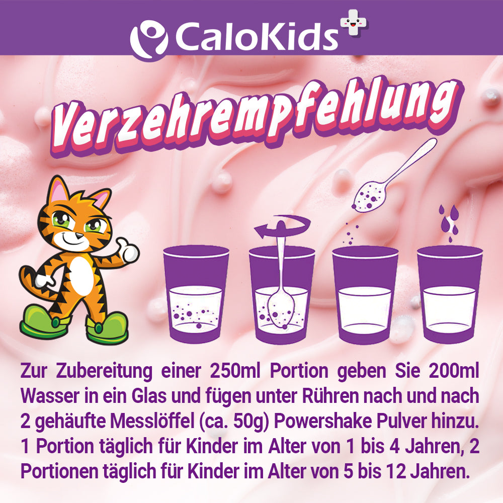 Infografik zur Zubereitung von CaloKids+: Vier Schritte zeigen das Mischen von 200ml Wasser mit 2 Messlöffeln Pulver. Inklusive Dosierungshinweis: 1 Portion für Kinder von 1-4 Jahren, 2 Portionen für Kinder von 5-12 Jahren.