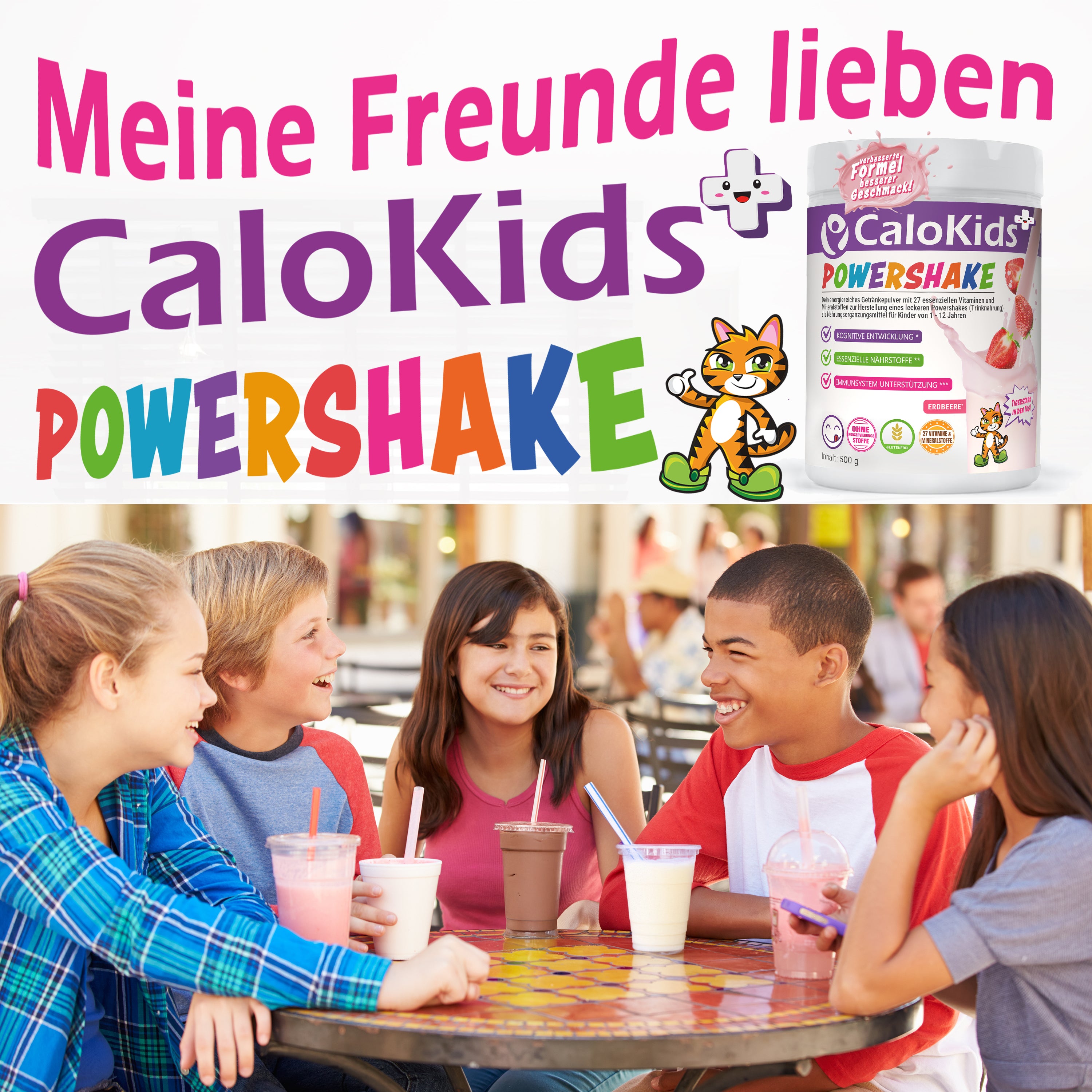 Fünf lachende Kinder sitzen an einem Tisch und genießen bunte CaloKids+ Powershakes. Im Hintergrund ist die CaloKids+ Dose Erdbeere und das Markenmaskottchen zu sehen.