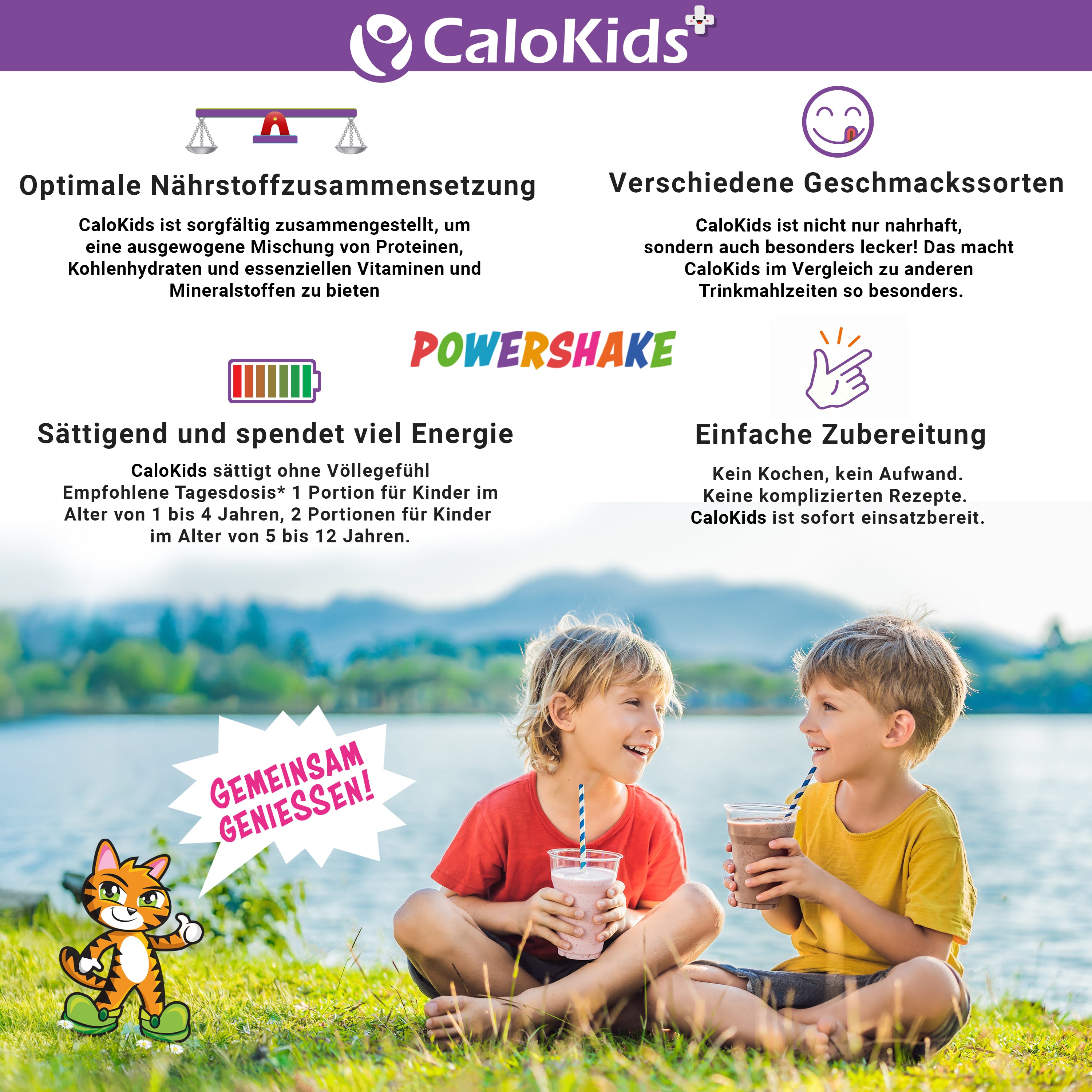 Zwei Kinder sitzen lachend auf einer Wiese am See und trinken CaloKids+ Shakes. Die Infografik darüber hebt die optimale Nährstoffzusammensetzung, verschiedene Geschmacksrichtungen und die einfache Zubereitung hervor.