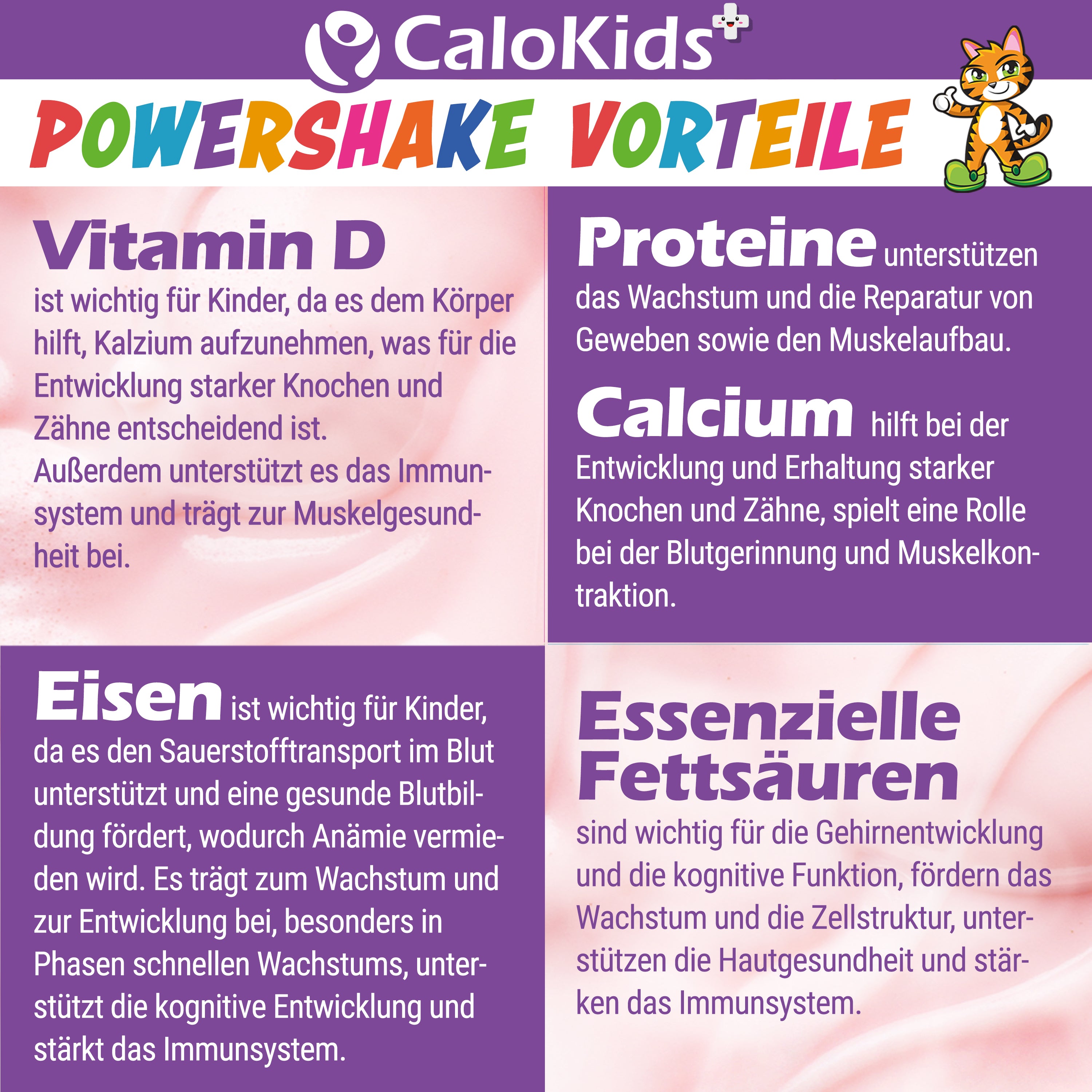 Infografik zu den Vorteilen von CaloKids+ Powershake: Erklärungen zu Vitamin D für Knochen, Proteinen für das Wachstum, Eisen für die kognitive Entwicklung und essenziellen Fettsäuren für das Immunsystem