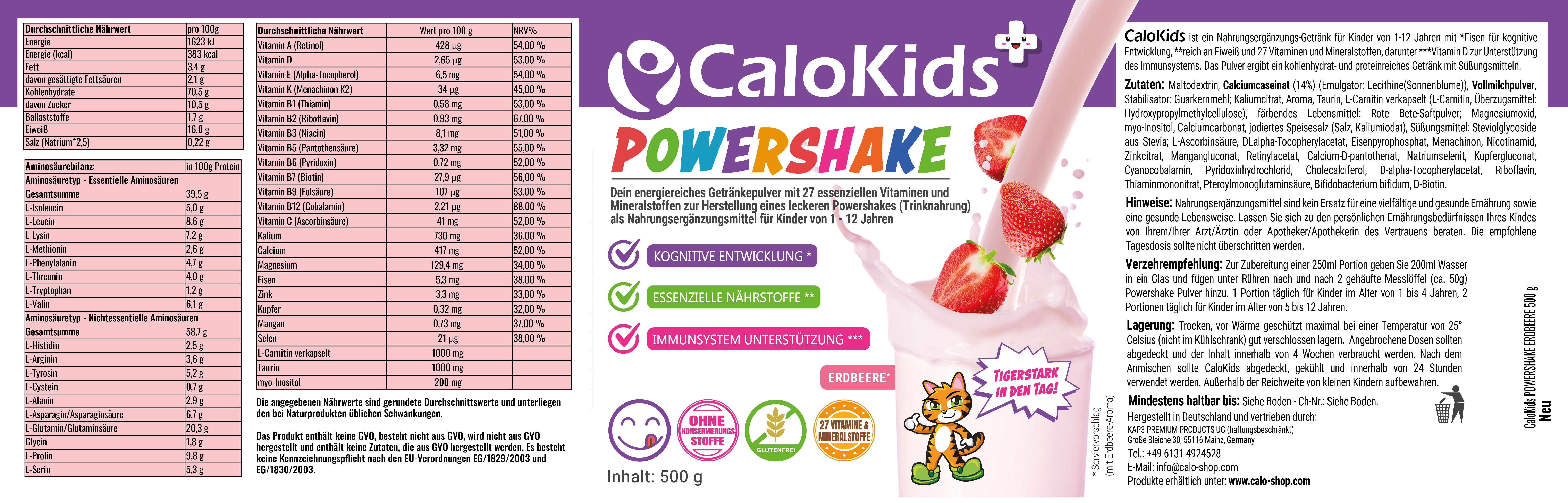 Nahaufnahme der Rückseite des CaloKids+ Erdbeere Etiketts mit der neuen Rezeptur: Enthält Bifidobacterium bifidum, 15g Protein pro Portion und wichtige Vitamine. Ohne Jod-Zusatz.