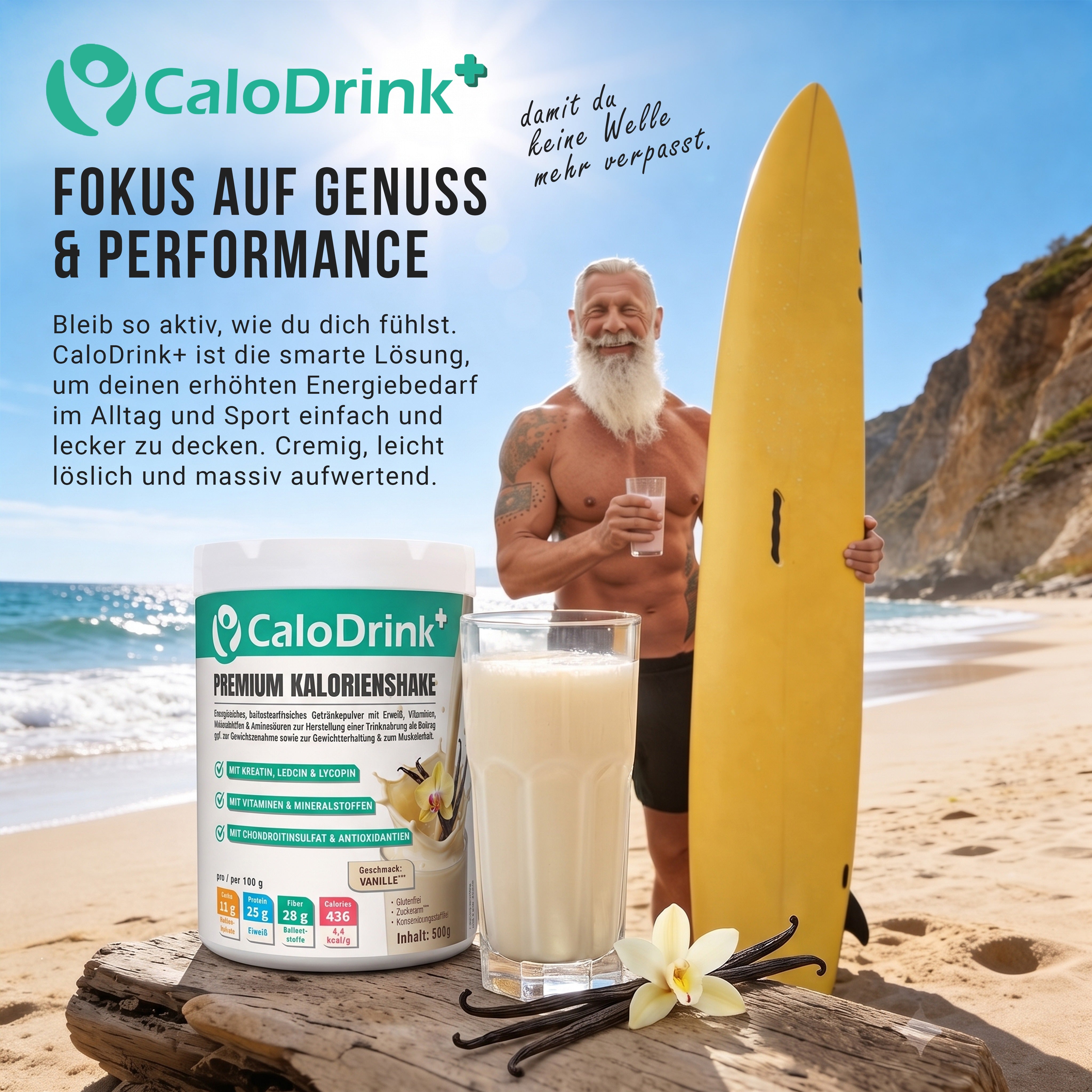Älterer Mann mit Surfbrett am Strand neben CaloDrink+ Vanille Dose und einem Glas Vanilleshake