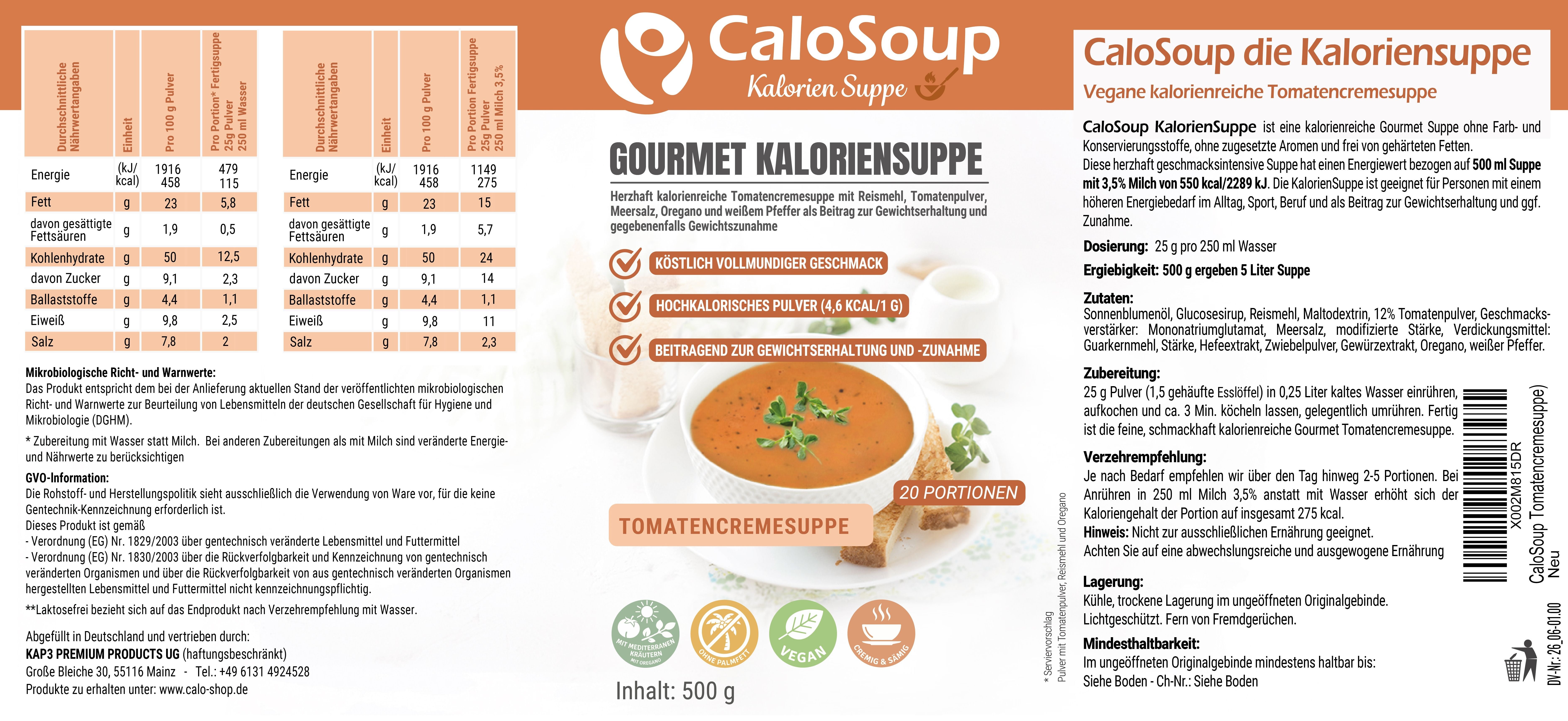 CaloSoup I Hochkalorische nährstoffreiche Gourmet Suppe für Gewichtszunahme I 20 Portionen Kalorien Suppe