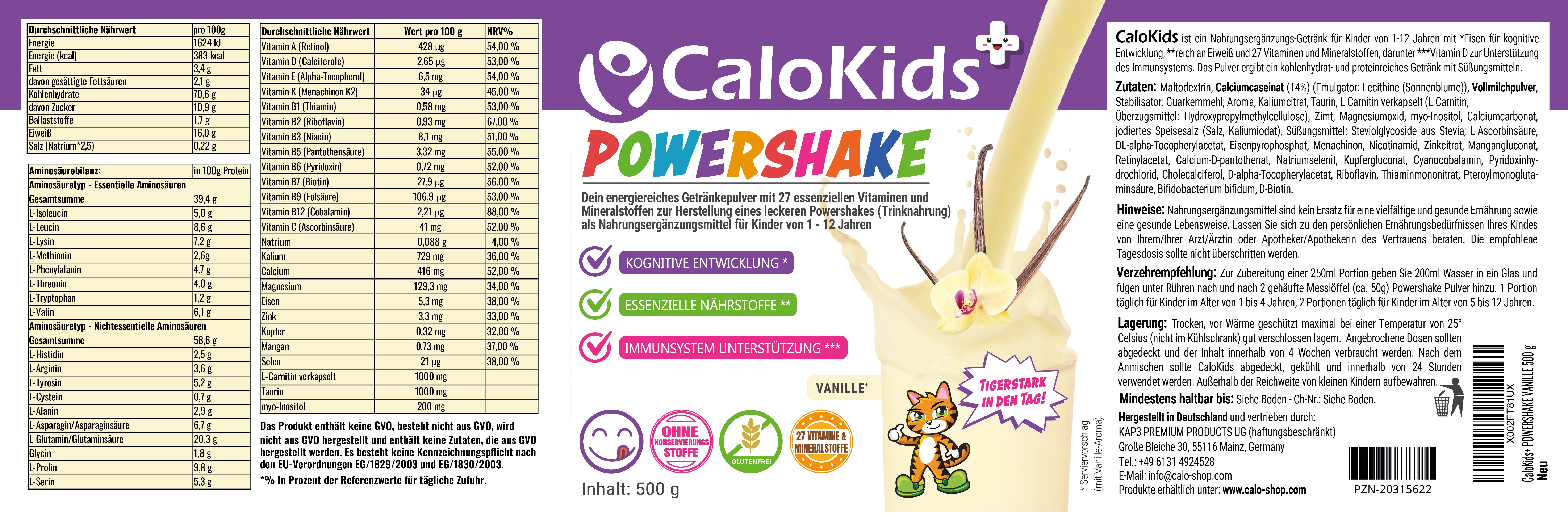 Vorderansicht des CaloKids+ Vanille Etiketts: Premium Trinknahrung für Kinder von 1-12 Jahren, glutenfrei, 15g Protein und wichtige Vitamine.