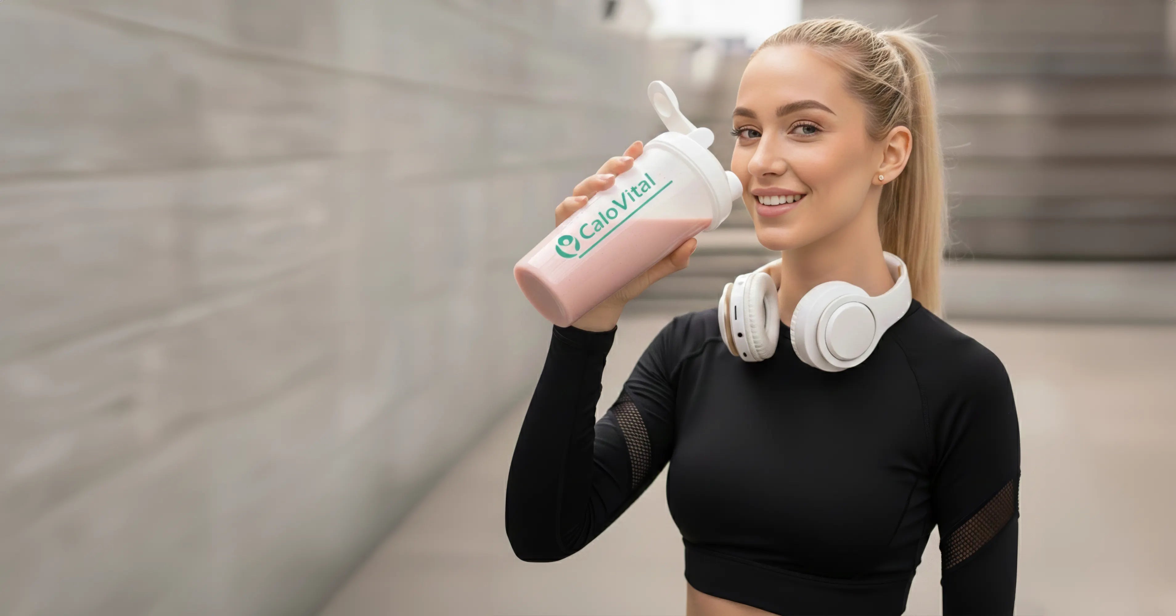 Eine lächelnde, sportliche junge Frau mit blondem Pferdeschwanz hält einen CaloVital Shaker mit einem rosafarbenen Erdbeershake. Sie trägt schwarze Sportkleidung und weiße Kopfhörer um den Hals in einer modernen Outdoor-Fitness-Umgebung.