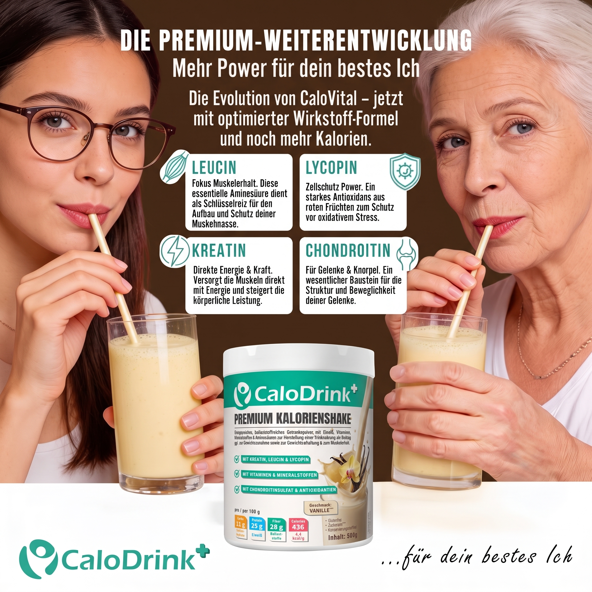 Zwei Frauen trinken CaloDrink+ Vanille Shake, Dose in der Mitte, Infotafel zu Leucin, Kreatin, Lycopin und Chondroitin