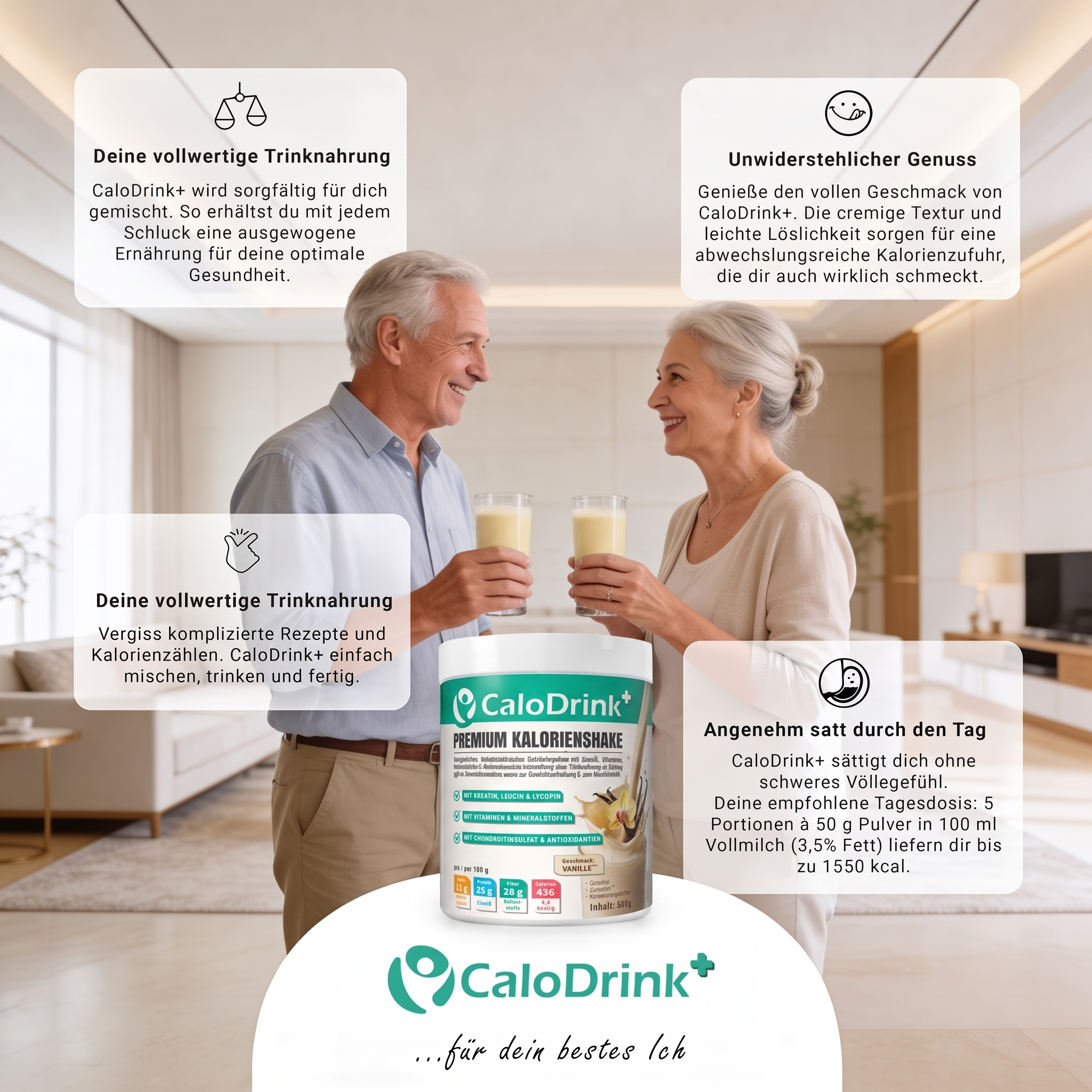 Älteres Paar mit zwei Gläsern CaloDrink+ Vanille Shake in der Küche, Hinweistafeln zu Zubereitung und Portionen