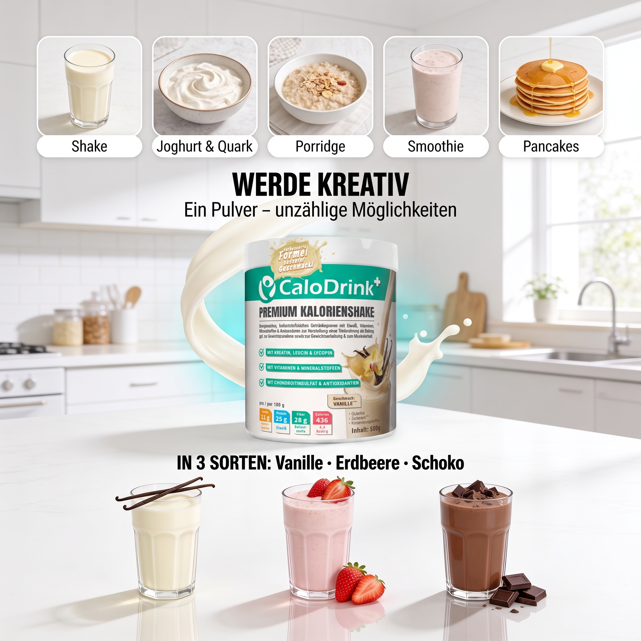 CaloDrink+ Vanille Dose mit Milchsplash, Verwendungsideen: Shake, Joghurt und Quark, Porridge, Smoothie, Pancakes